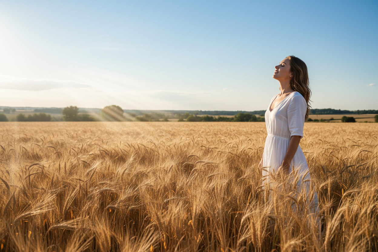 Ein Dinkelkornfeld in heller, sonniger Natur am rechten Bildrand eine junge Frau, natürlich und wenig geschminkt die mit entspanntem Gesicht in den Himmel blickt